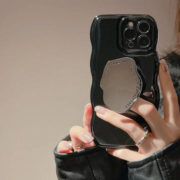 Luxury Solid Color Wavy With Metal Holder Phone Case For iPhone 15 14 13 12 11 Pro Max 14 Plus Soft Silicone Shockproof Cover